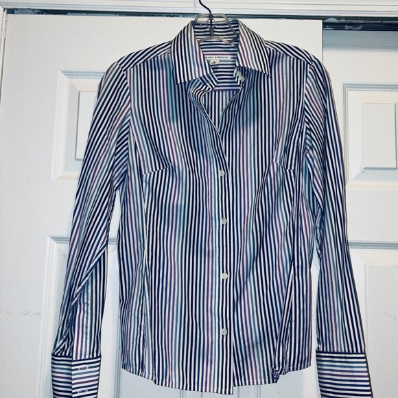 Blue-Purple Striped Button Down Blouse - Picture 1 of 9